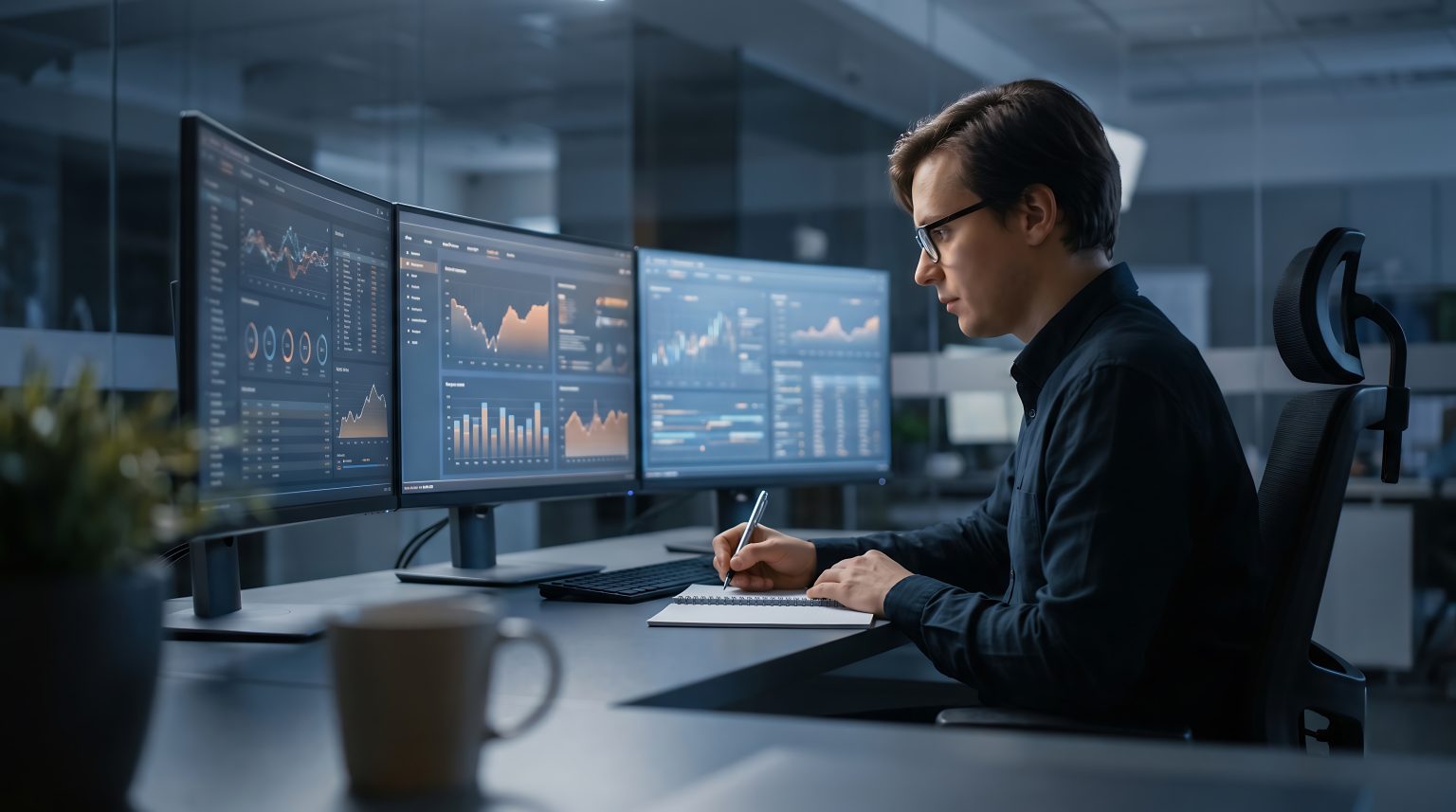 person working at desk in front of computer monitor
