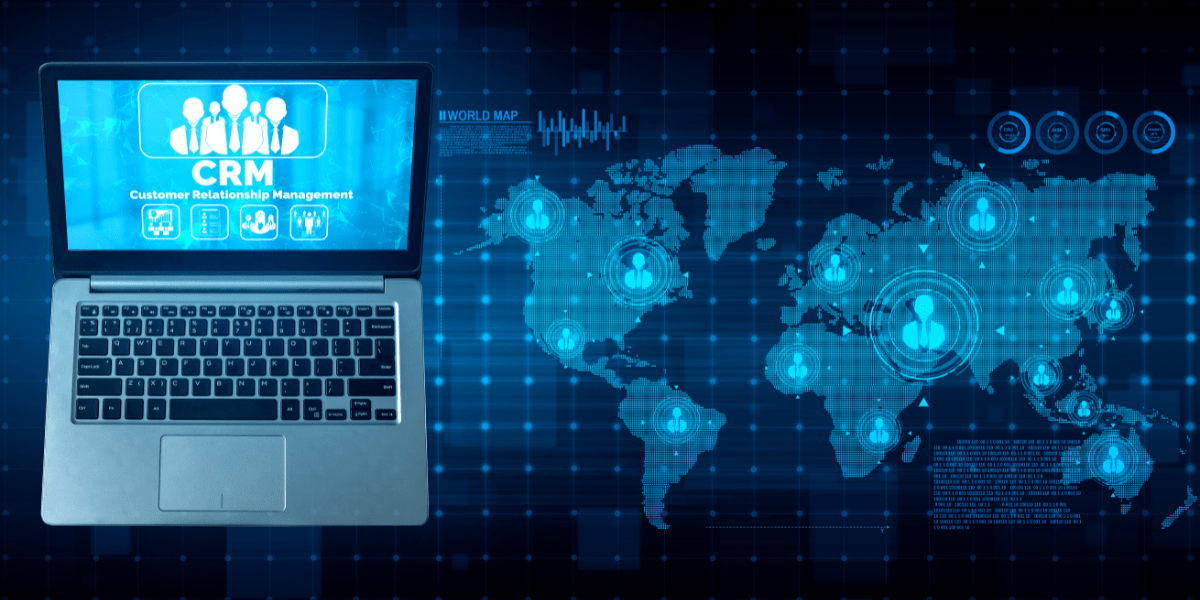 laptop showing client icons. to the right is a map of the world with more client icons
