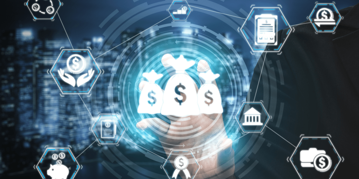 moneybags at the center of a flowchart connecting multiple other financial icons